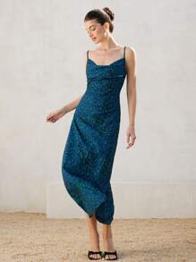 Aveloria Leopard Print Draped Cami Dress Vacation Outfits Woman  Elegant FashionableOld Money Style All Over Print For Summer - Blue - View 3