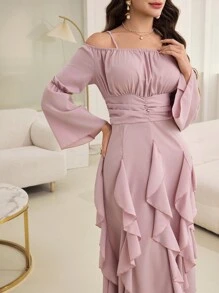 Modelyn Women's Long Elegant Romantic Seaweed Ruffled Camisole Dress, Suitable For Spring And Summer - Pink - View 4