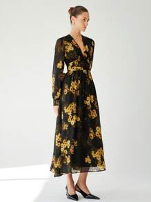 Aveloria Modichic French Romantic Elegant Dark Color Base Bright Floral Print Chiffon V-Neck Ruched Waist Long Sleeve Dress For Women Fall Cloth For Women - Multicolor - View 4