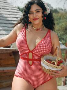 Swim Mod 大码女式连体泳衣，红白格纹图案，心形领口，镂空设计，系腰，性感剪裁，适合夏季海滩度假 - 彩色 - 查看 1
