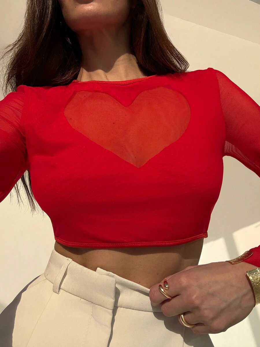 Aloruh Women's Sexy Sheer Heart Mesh Patchwork Cropped T-Shirt - Red - View 1