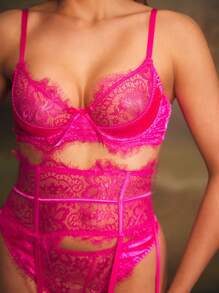 3pcs/Set Women Sexy Lace Bra Set With Underwire, Rose Red - Hot Pink - View 4