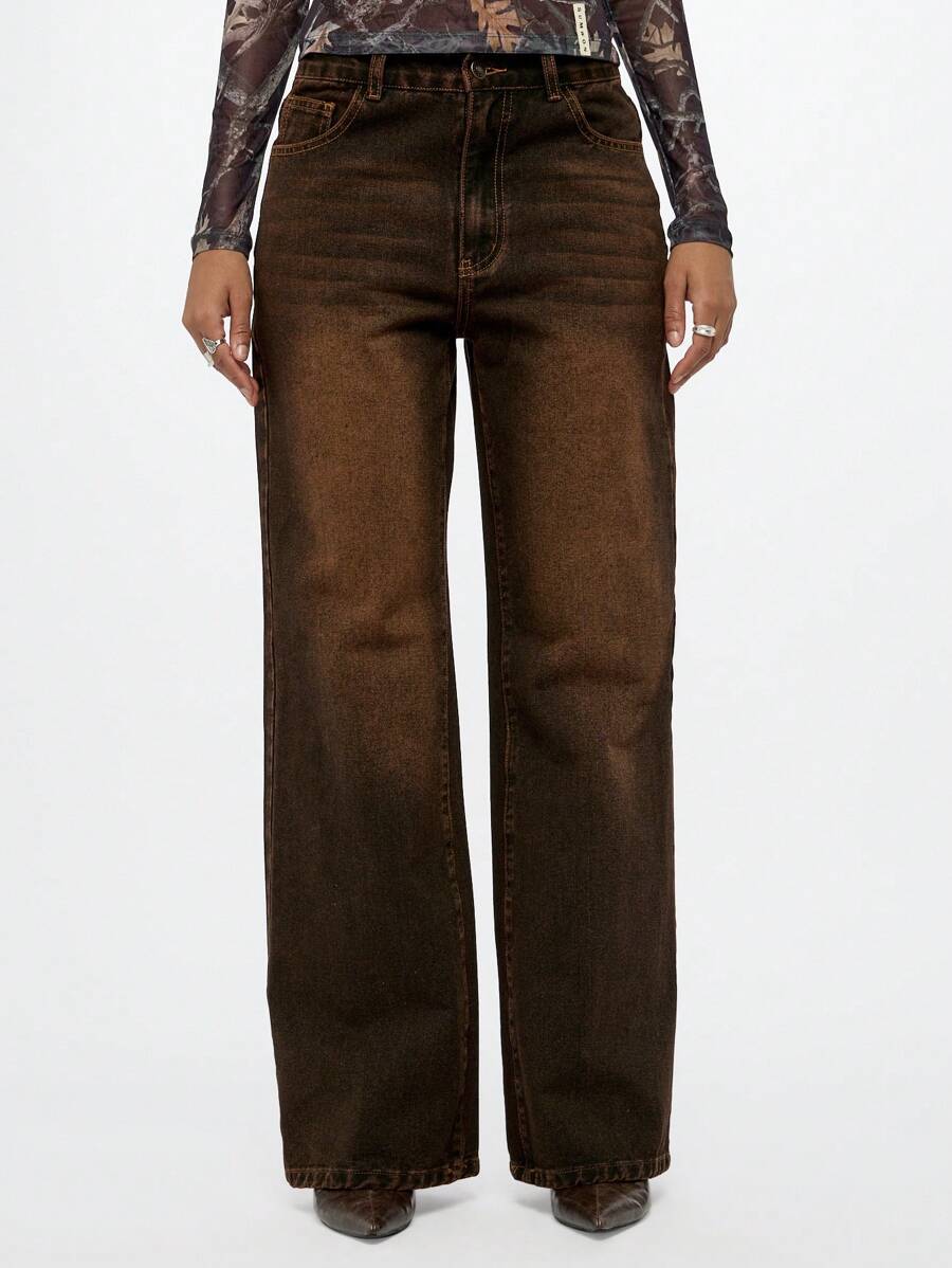 SUMWON WOMEN Classic Wide Leg Oversized Denim Jeans, Vintage Style Brown Washed High Rise Pants, Y2K Fashion Retro Casual Long Trousers Street Style - Brown - View 1