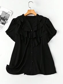 SHEIN LUNE 大码休闲纯色荷叶边下摆衬衫 - 黑色 - 查看 1