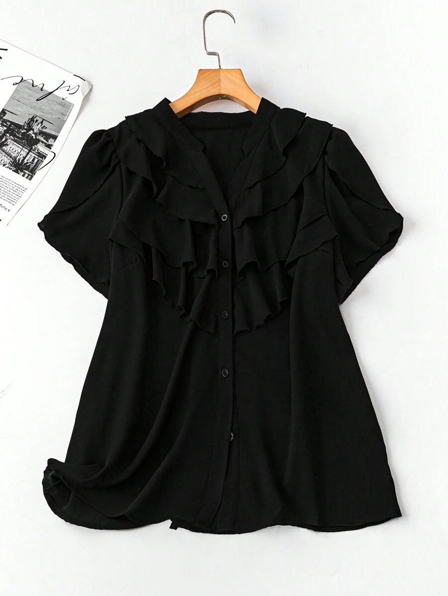 SHEIN LUNE 大码休闲纯色荷叶边下摆衬衫 - 黑色 - 查看 1