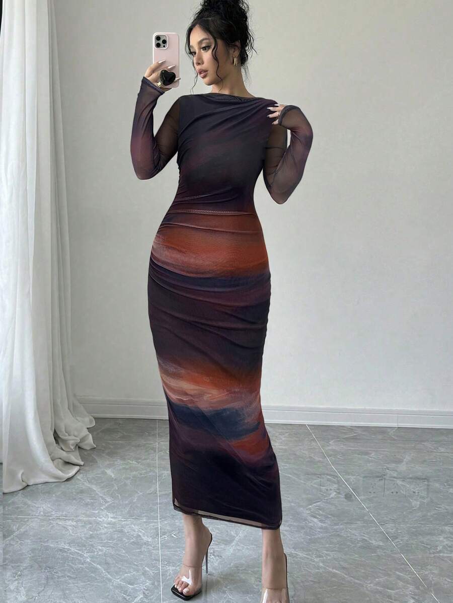 Firerie 女士渐变褶皱弹力网眼长袖连衣裙，浪漫、约会、派对、音乐会、表演服装、婚礼季、返校季、情人节 - 黑與白 - 查看 1