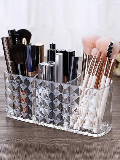 SHEIN Clear Makeup Brush Storage Box, 1Pc Multifunctional Makeup Brush Drying Rack Holder With Large Capacity Storage Box, Suitable For Vanity Tray, Bathroom Countertop, Can Hold Cabinet For Pencils, Organizer Makeup Bag Storage Cosmetic Box