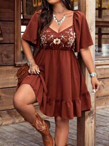 Ceyna Plus Size Women's Boho Bohemian Style Floral Embroidered Sweetheart Neck Ruffle Sleeve Dress, For Summer - Brown - View 3