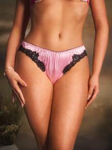 Women's Retro Palace Satin Lace Patchwork Triangle Panties - Pink - View 1