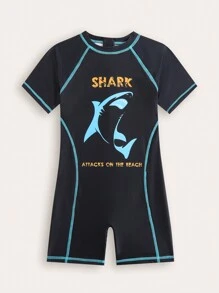 New Fashionable One-Piece Printed Boys' Swimsuit - Black - View 1