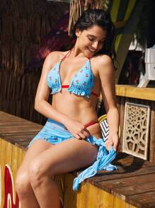 SHEIN Swim 3pcs/Set Spring Break Women Swimwear With Cherry Print Halter Tie Front Flounce Hem Bikini Set For Summer Beach Vacation - Multicolor - View 7