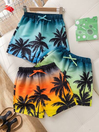 SHEIN 3pcs Tween Boy Casual Versatile Comfortable Palm Tree & Beach Printed Loose Woven Beach Shorts/Swim Trunks Set, Buy 1 Get 2 Free