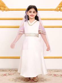SHEIN 2 Pieces Set: White Short Sleeve Open Shoulder Dress For Young Girls - Multicolor - View 1