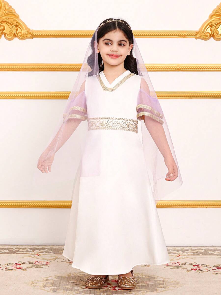 SHEIN 2 Pieces Set: White Short Sleeve Open Shoulder Dress For Young Girls - Multicolor - View 1