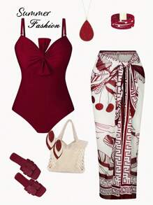 Swim Oasis مجموعة قطعتين مقاسات كبيرة للنساء: بدلة سباحة قطعة واحدة بلون قطعة والتنورة المطبوعة بالزهور فوقها، مناسبة للاستخدام الكاجوال في العطلات الصيفية والأعياد على الشاطئ - عنابي اللون - مشاهدة 1