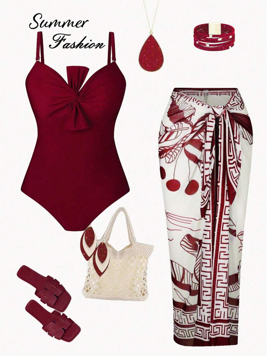 Swim Oasis مجموعة قطعتين مقاسات كبيرة للنساء: بدلة سباحة قطعة واحدة بلون قطعة والتنورة المطبوعة بالزهور فوقها، مناسبة للاستخدام الكاجوال في العطلات الصيفية والأعياد على الشاطئ - عنابي اللون - مشاهدة 1