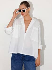 Aveloria Affinna Women's White All-Match Versatile Casual Loose Fit Lapel Collar Deep V-Neck Oversized Pocket Design Long Sleeve Blouse, European And American Minimalist Style