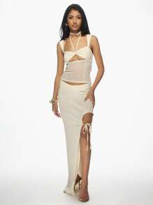 MISSGUIDED Linen Beach Maxi Skirt With Side Tie Detail Bohemian Summer Resort Long Split Cut Out Design Vacation Evening Wear - Apricot - View 4