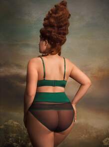 3pcs Plus Size Vintage Charming Sexy Contrast Splicing Lace Lingerie Set - Green - View 2