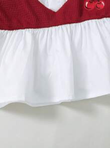 SHEIN Genkimix Kids 2pcs/Set Young Girl Casual School Look White Blouse With Cherry Embroidery Flare Sleeves & Blue Straight Leg Jeans Pants, Spring/Summer New Arrival Summer Holiday - Red - View 3