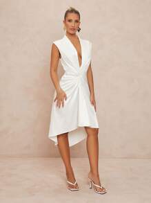 Lumalex Spring Wedding Season Banquet Coming Of Age Ceremony Summer Swimsuit Swimwear Swim Vacation Easter Beach Seaside Petite Collar Deep V-Neck Twisted Sleeveless Asymmetrical Bodycon Midi Dress For Women - White - View 7