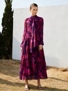 Aveloria Modichic 女士优雅 V 领花卉印花休闲长袖系带雪纺连衣裙 - 彩色 - 查看 1