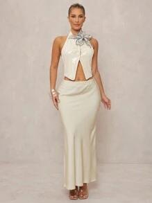 Lumalex Top sin espalda con cuello de halter, decoración floral 3D con lentejuelas para fiestas de lujo/festival de primavera