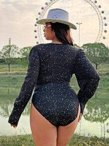 Flirla Mono de manga larga abullonada, con cuello en V, cintura fruncida y detalles brillantes, en estilo bohemio, hippie y vaquero, para mujer de talla grande, elegante y sexy en negro, para fiestas - Negro - Ver 2