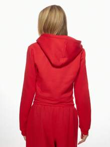 MISSGUIDED Athletic Full-Zip Cropped Hoodie Sweatshirt With Drawstring Hood Casual Workout Loungewear Athleisure Streetwear Fall Winter Essential Christmas - Red - View 2