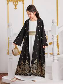 2pcs Girls Traditional Embossed Retro Pattern Long Robe + Dress Set, Style Ramadan Festival Tween Girl Outfit, Classic Modest Long Dress - Black - View 4