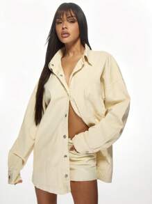 MISSGUIDED Oversized Button Down Denim Shirt Jacket Light Cotton Casual Spring Fall Everyday Streetwear Long Sleeve Collared Top - Yellow - View 5