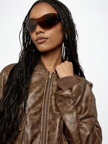 SUMWON WOMEN 优质做旧皮革飞行员夹克，配有实用口袋、经典罗纹饰边和全拉链街头风格外套，适合秋冬时尚 - 棕色 - 查看 6