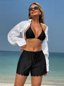 Swim Lushoire Women's Solid Color Drawstring Waist Shell Trim Beach Shorts, For Summer Vacation