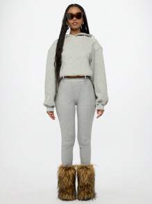 SUMWON WOMEN Quần legging cạp cao có gân mùa đông ấm áp, quần dài co giãn mềm mại thoải mái - Xám - Xem 3