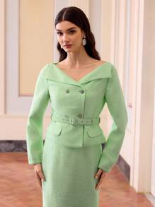 ZEYLAH Elegant Sequins Floral Chiffon Blouse With Large Lapel And Waist Cinch