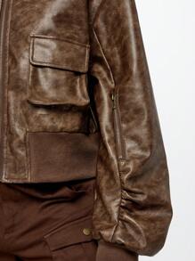 SUMWON WOMEN 优质做旧皮革飞行员夹克，配有实用口袋、经典罗纹饰边和全拉链街头风格外套，适合秋冬时尚 - 棕色 - 查看 7