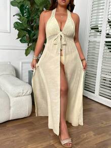 SHEIN Swim Curve 大码女式露背花边系带露背无袖修身超长海滩度假休闲和服罩衫，适合夏季度假 - 杏色 - 查看 3