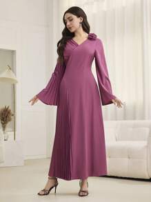Modelyn Women's V-Neck Pleated Patchwork A-Line Dress, Elegant Style Suitable For Spring & Summer