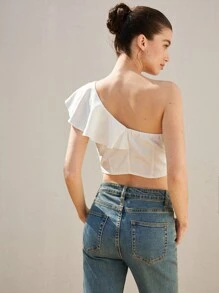 Chiquease Women's White Elegant Party Summer French Style Cropped Ruffled Asymmetric Shoulder Top,Slim Waist Design Sophisticated Textured Fabric Old Money - White - View 6
