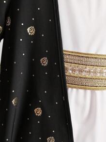 2pcs Girls Traditional Embossed Retro Pattern Long Robe + Dress Set, Style Ramadan Festival Tween Girl Outfit, Classic Modest Long Dress - Black - View 5