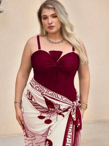 Swim Oasis مجموعة قطعتين مقاسات كبيرة للنساء: بدلة سباحة قطعة واحدة بلون قطعة والتنورة المطبوعة بالزهور فوقها، مناسبة للاستخدام الكاجوال في العطلات الصيفية والأعياد على الشاطئ - عنابي اللون - مشاهدة 7