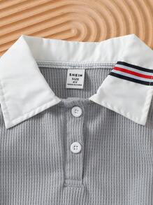 SHEIN Young Girls Polo Collar ärmlös topp + veckad minikjol 2 delar set, sommar - Grå - Visa 5