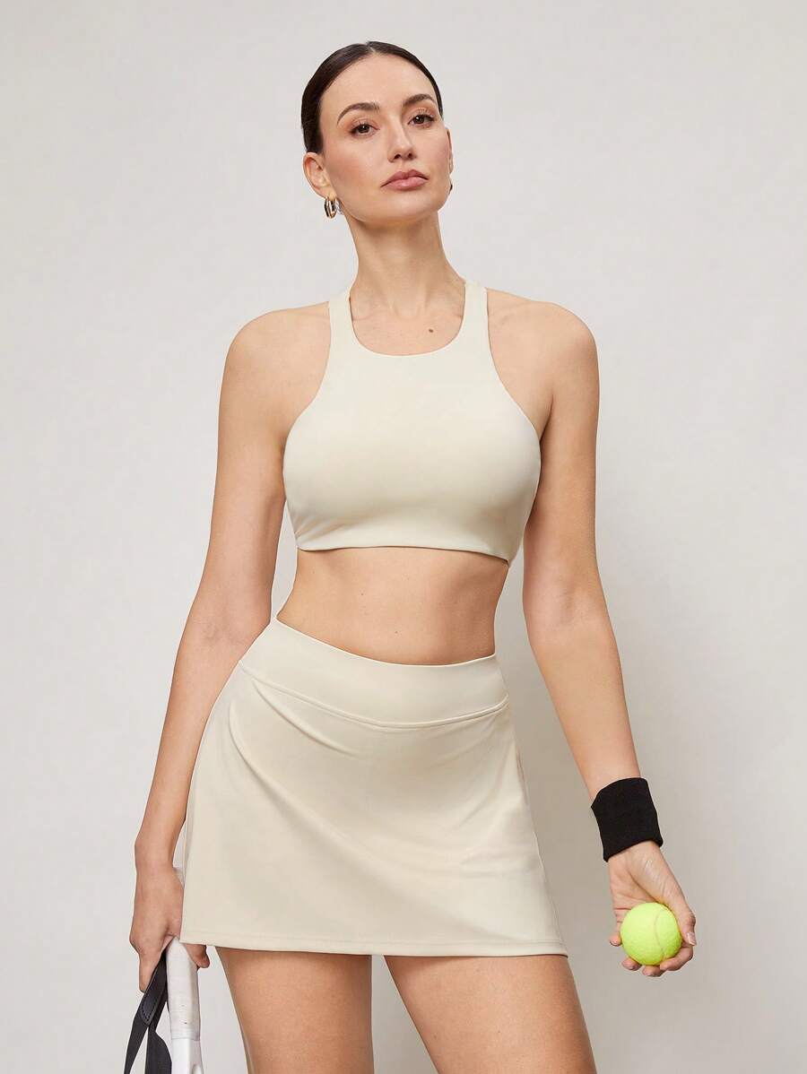 Activina Women's Solid Color Backless Top & Shorts Athletic Suit - Beige - View 1