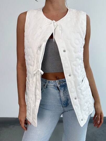 SHEIN Privé Women's Spring Elegant Romantic Floral Print Casual White Sleeveless Blazer For Commuting, Party, Vacation, Back To School, Dating, Wedding And Birthday, Valentine's Day Women's Clothing