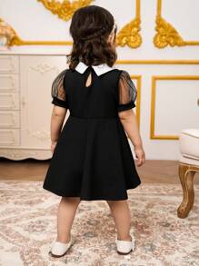 Gaun Bayi Perempuan Warna Blok dengan Kerah Peter Pan dan Lengan Pendek Berbentuk Kembang, Gaun Filipiniana Terno yang Lucu - Hitam - View 2