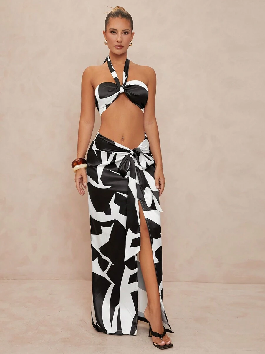Lumalex 2 件女式套装：吊带高腰系带高开叉长裙 - 黑與白 - 查看 1