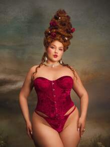 PinupGlam 1pc Plus Size Vintage Sexy Velvet Contrast Lace Bra, Retro Lingerie