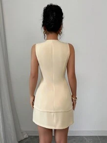 Elenzga Solid Color V-Neck Metal Button Vest & Skirt 2pcs Set, Elegant For Women - Yellow - View 2