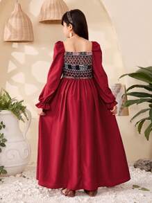 Tween Girl Burgundy Color-Block Floral Print Long Sleeve Dress,Elegant Autumn Waist Pleated Vintage Style Suitable For Party,Formal Occasions&Holiday - Burgundy - View 2