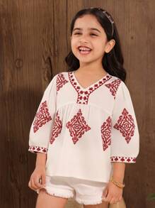 SHEIN Blusa de manga abullonada con estampado vintage casual para vacaciones de niñas jóvenes - Multicolor - Ver 1